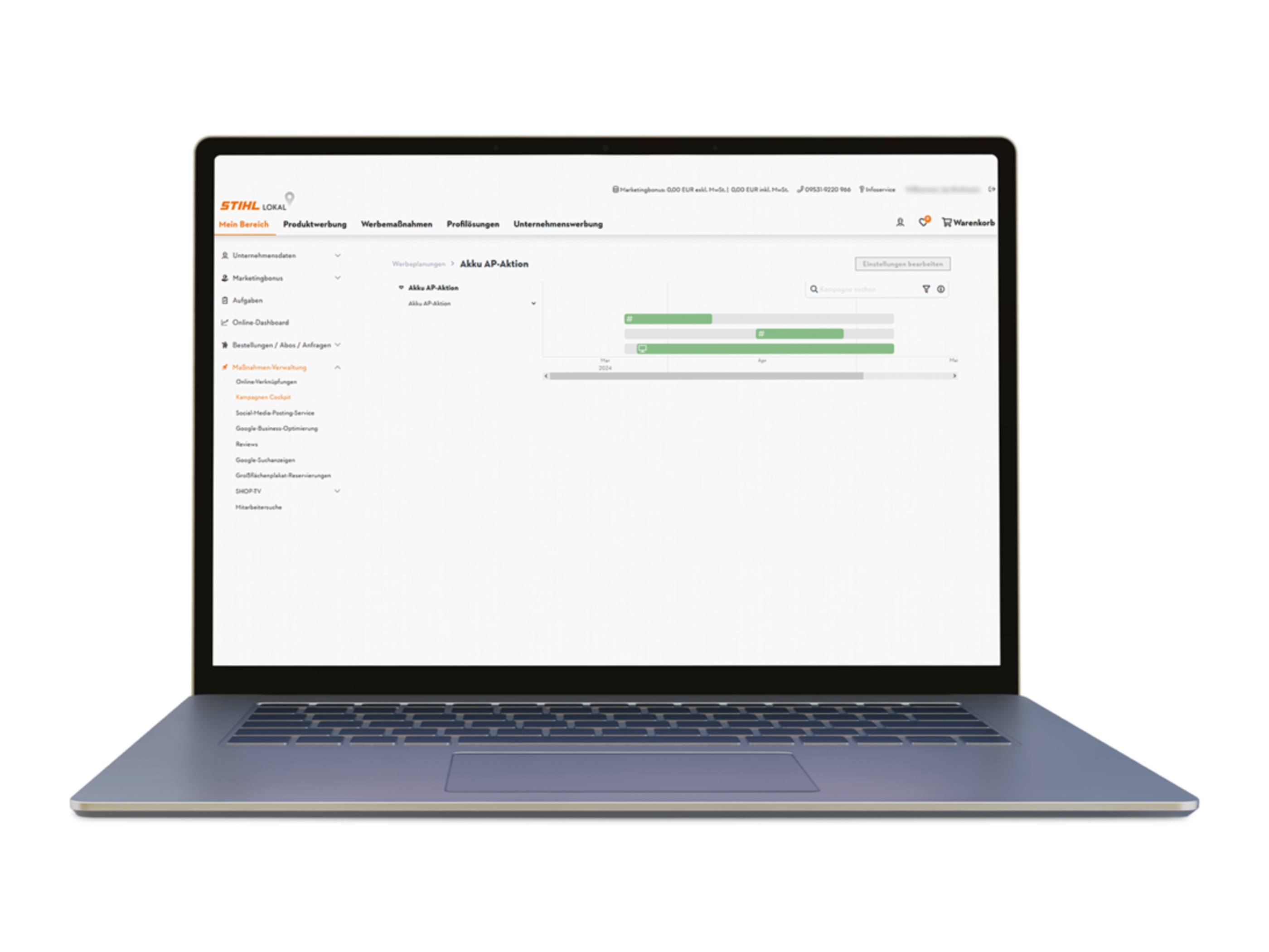 Laptop mit Übersicht über "Mein Bereich" im STIHL Marketing-Portal